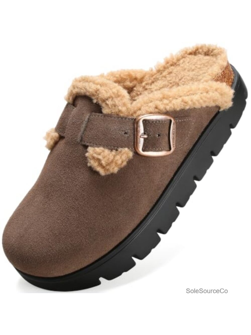 Women's Suede Mule Clogs Faux Fur Lining Platform Buckle Slip-On